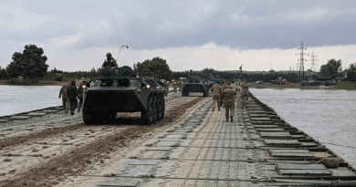 NATO Defender Europe A 220m double width PR-71 pontoon bridge of MLC 80 across the DANUBE with troops and vehicles crossing